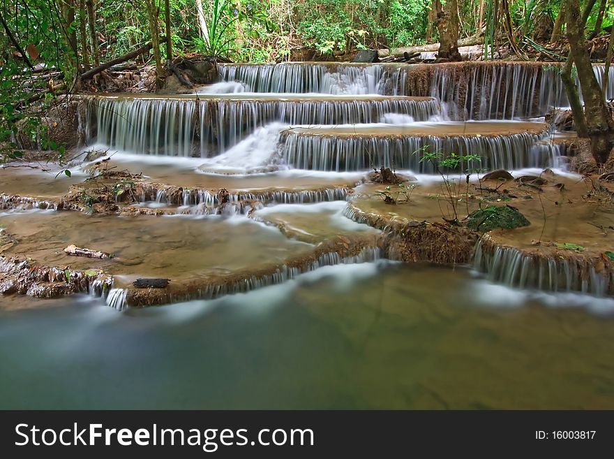 Huay Mae Khamin Waterfall Sixth Level, Paradise waterfall in Tropical rain forest of Thailand