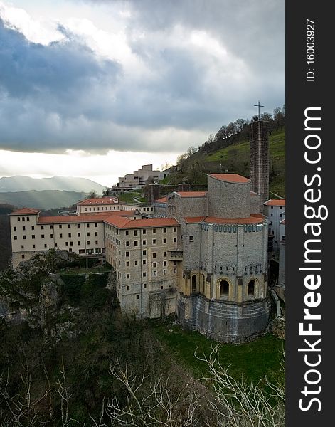 The Sanctuary of Arantzazu near Onati (Basque Country, Spain) at cloudy skies