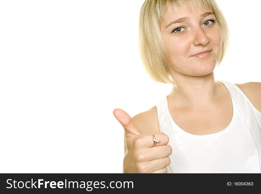 Young woman on white background. Thumb Up. Young woman on white background. Thumb Up