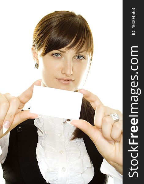 Portrait of a beautiful business woman holding a blank business card