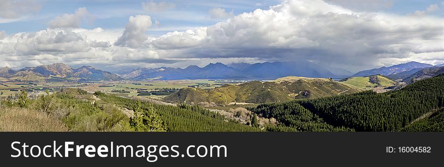 Panoramic image of taken from the mountain range at Hanmer Springs, New Zeland. The image is a composite of 18 portrait images. Panoramic image of taken from the mountain range at Hanmer Springs, New Zeland. The image is a composite of 18 portrait images.