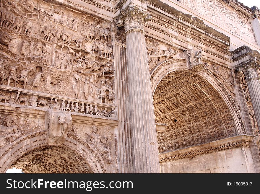 Closeup shot of Arco di Settimio Severo, Forum Romano in Rome, Italy