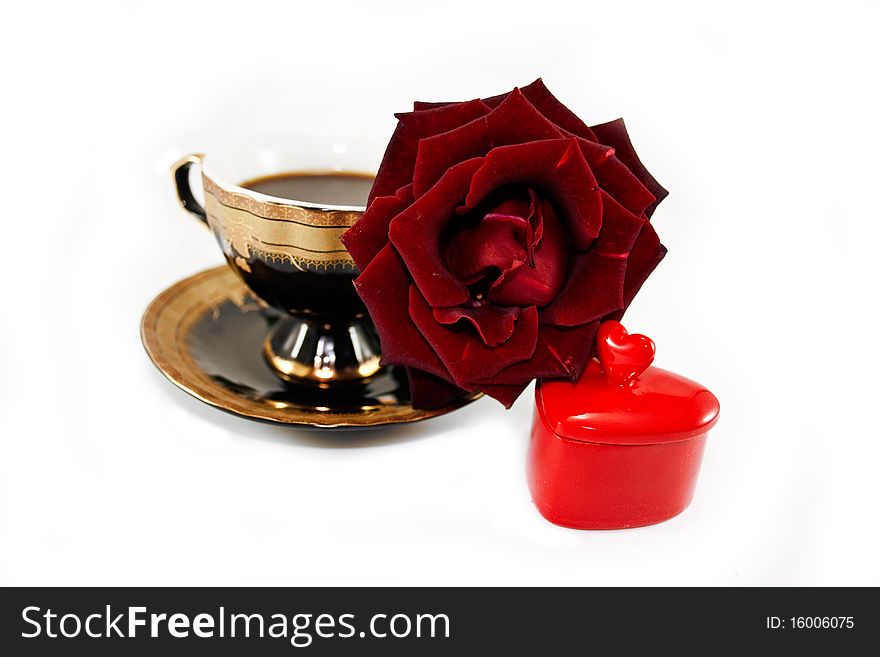 Red Rose And A Gift-heart And A Cup Of Coffee