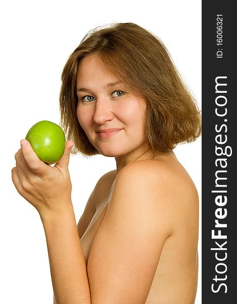 Adorable woman with green apple over white. Adorable woman with green apple over white