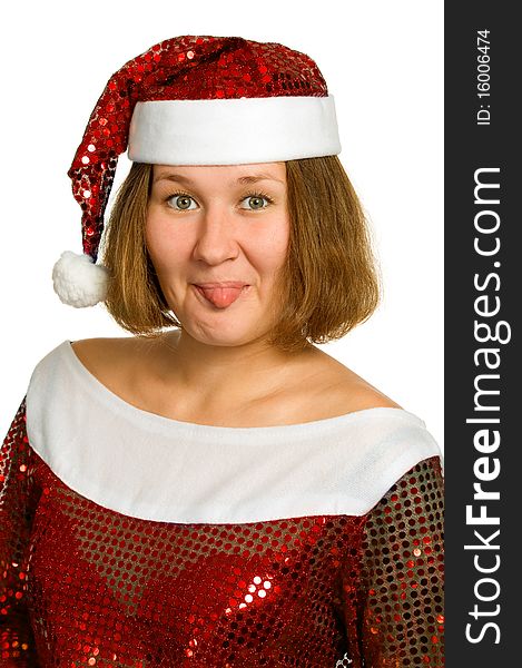 Funny woman in christmas's dress over white. Funny woman in christmas's dress over white