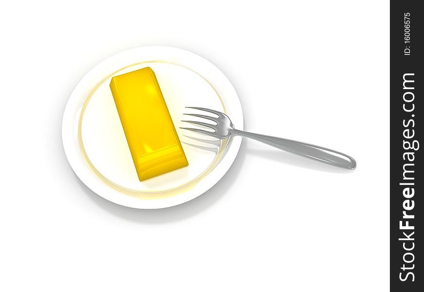 Gold ingot with fork on plate. Gold ingot with fork on plate