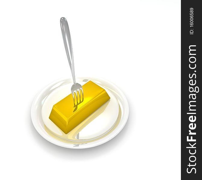 Fork in gold ingod on white plate. Fork in gold ingod on white plate