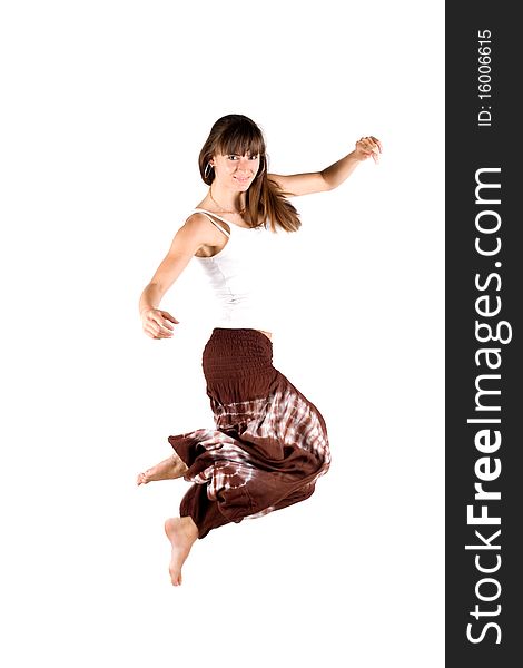 Girl in ethnic clothes jumping. Girl in ethnic clothes jumping