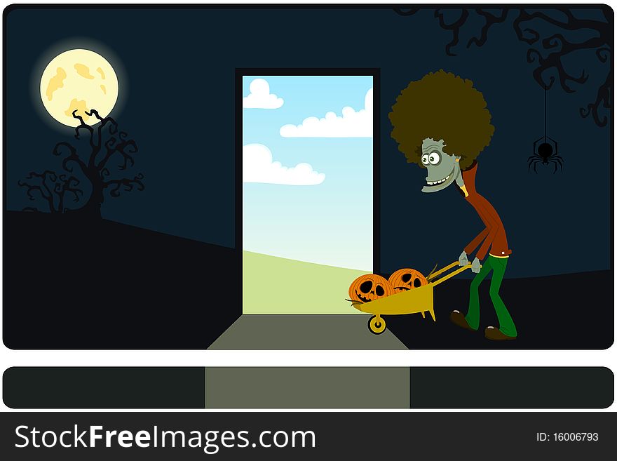 The zombie with the cart against a dark background. Vector illustration