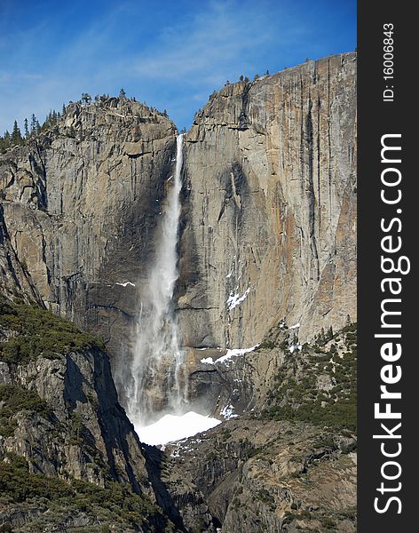 View of Yosemite falls from the floor of Yosemite Valley