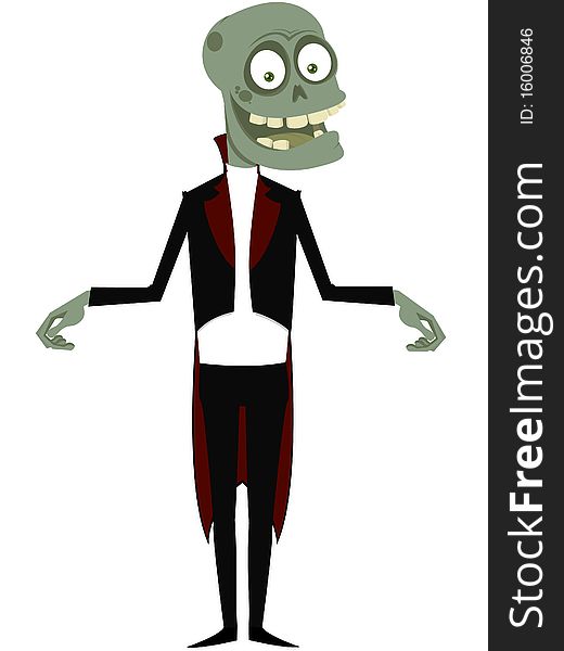 The amusing zombie in a black dress coat. Vector illustration