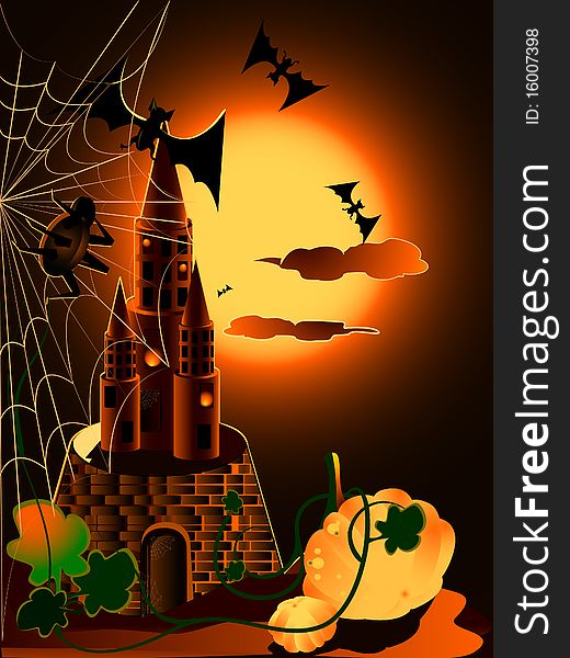 Dark castle with red moon ,bats ,spider and pumpkins.Only gradients. EPS 8. Dark castle with red moon ,bats ,spider and pumpkins.Only gradients. EPS 8