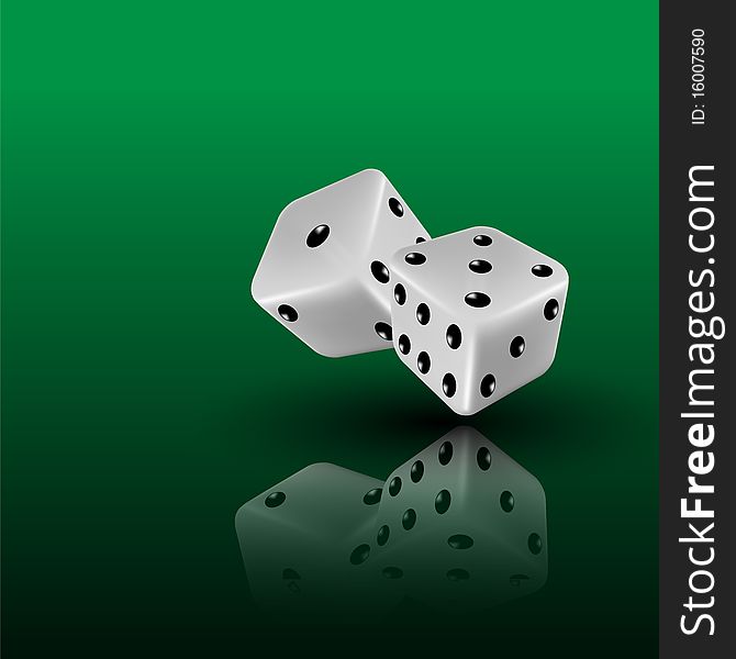 Two dices on green background with reflection, clip art illustration