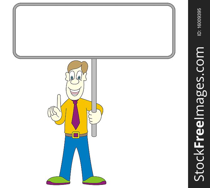 Illustration and caricature of man with blank billboard. Illustration and caricature of man with blank billboard