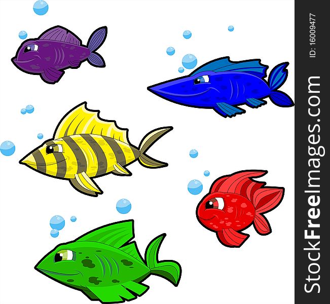 5 colorful cartoon fish with blue bubbles on white background. Separated into layers for easy editing. 5 colorful cartoon fish with blue bubbles on white background. Separated into layers for easy editing.