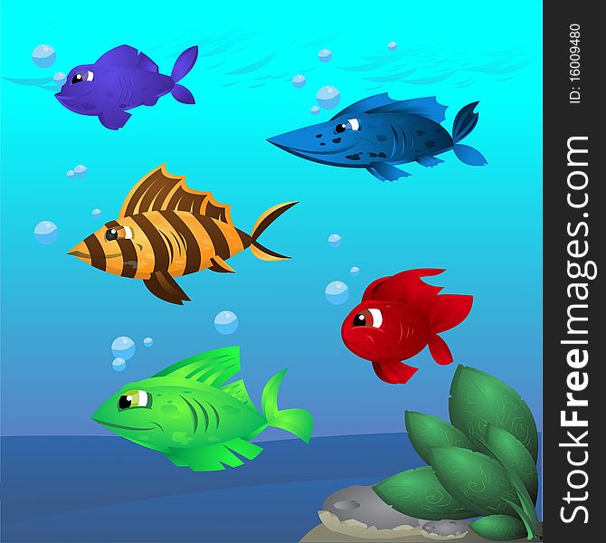 Five colorful, cartoony fish in underwater setting. Separated into layers for easy editing. Five colorful, cartoony fish in underwater setting. Separated into layers for easy editing.