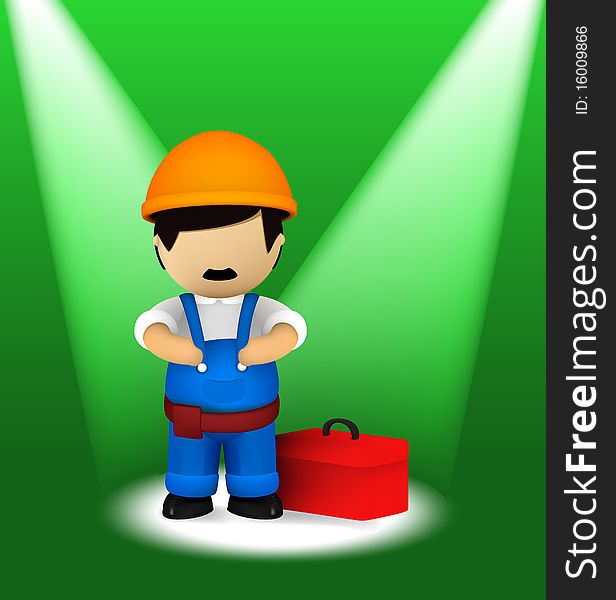 Repairman in the spotlights with green background. Repairman in the spotlights with green background
