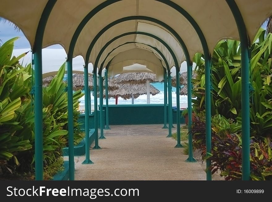 Resort covered walkway with vegetation on each side and beach huts in the background
