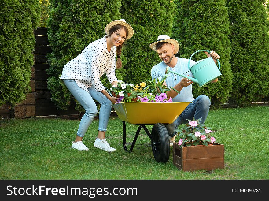 Happy couple working together in green garden