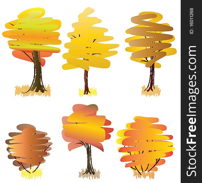 Six yellow  deciduous trees. Vector illustration