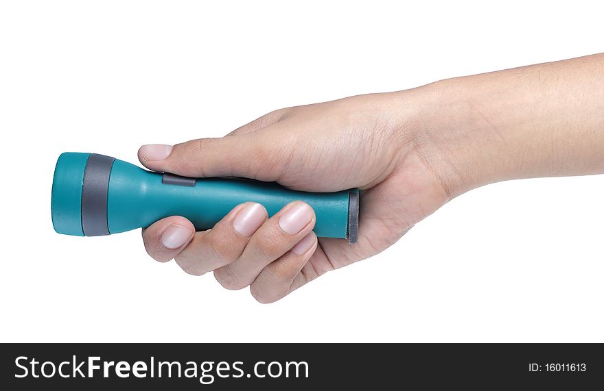 Man hand holding a flash light. Man hand holding a flash light