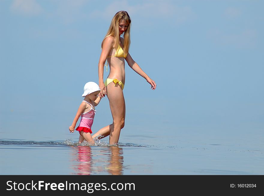 Family walk on the water