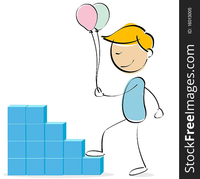 Illustration of kid climbing stacked blocks holding balloons. Illustration of kid climbing stacked blocks holding balloons