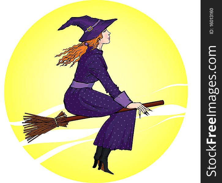 Vector illustration of a young witch, flying on a broomstick on the background of the moon. Vector illustration of a young witch, flying on a broomstick on the background of the moon