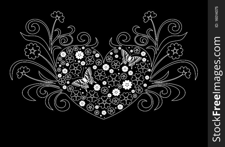 White floral heart on black background. White floral heart on black background.