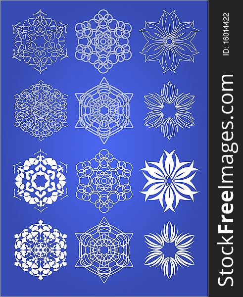 Twelve various snowflakes on a blue background. Vector illustration.