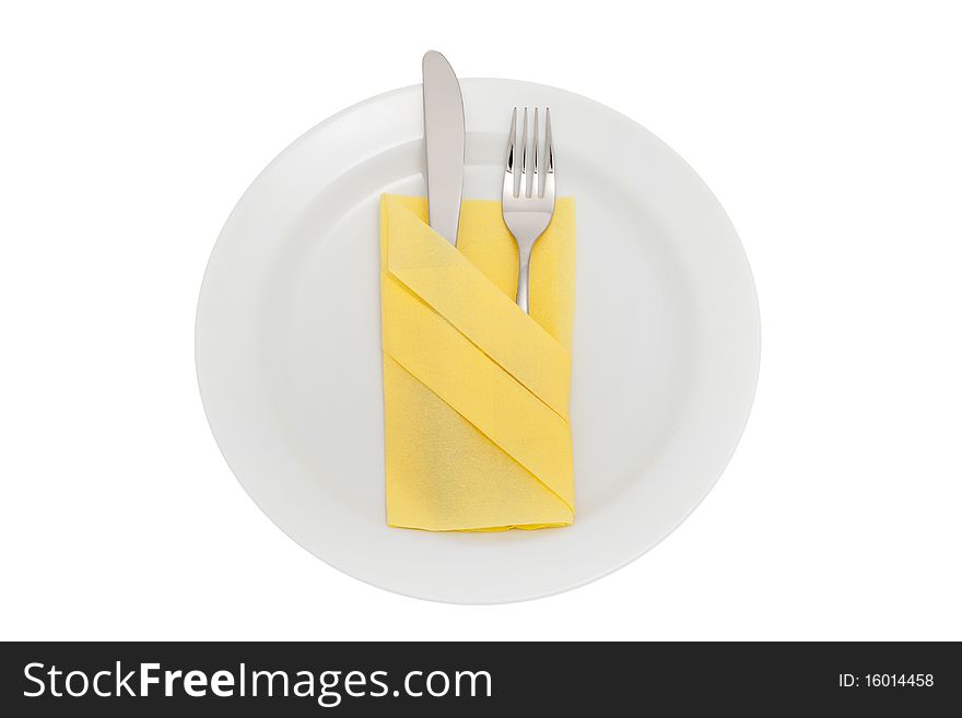 Plate with knife, fork and table napkin, include clipping path