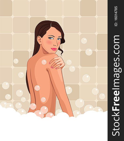 Woman in bathroom. Vector illustration.