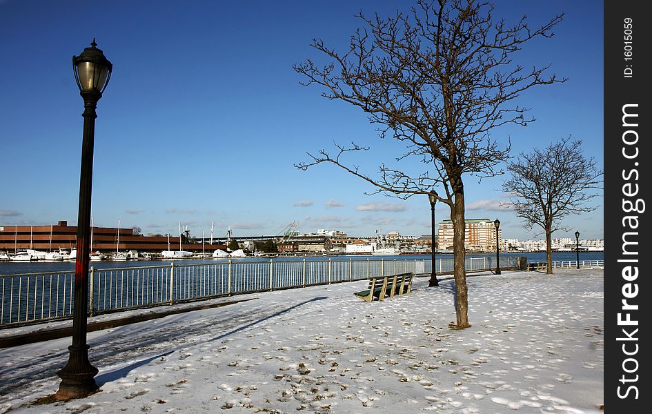 Boston's empty harbor with in snowy winter. Boston's empty harbor with in snowy winter