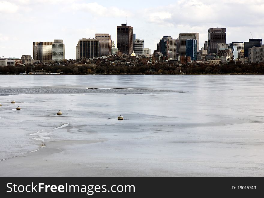 Boston's panoramic view as it is seen from Cambridge side of the river in winter. Boston's panoramic view as it is seen from Cambridge side of the river in winter