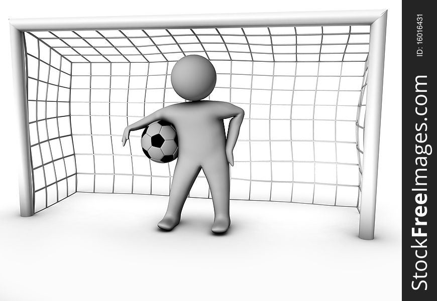 3d soccer player with gate isolated on white background