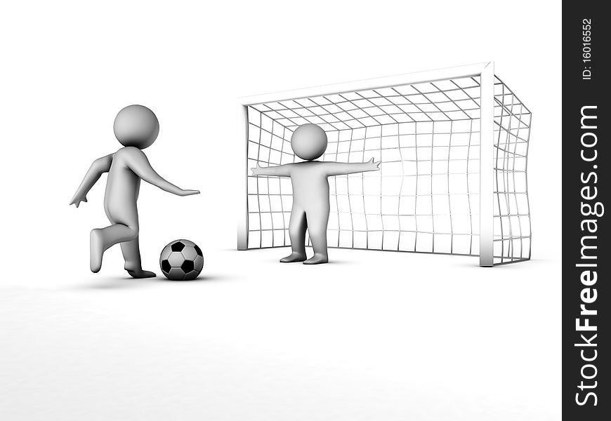 Two 3D soccer players and the gate isolated on white background