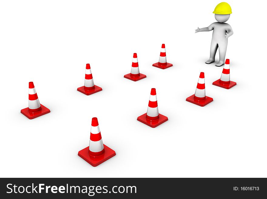 3d worker with traffic cones isolated on white background