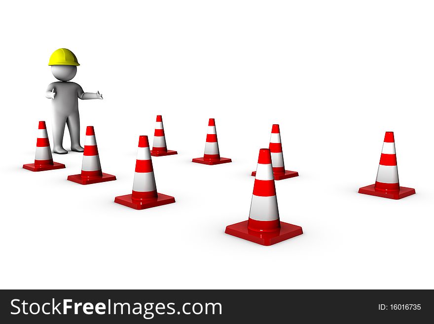 3d worker with traffic cones isolated on white background