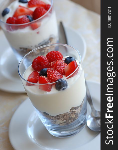 Muesli with yogurt and fresh berries. Muesli with yogurt and fresh berries
