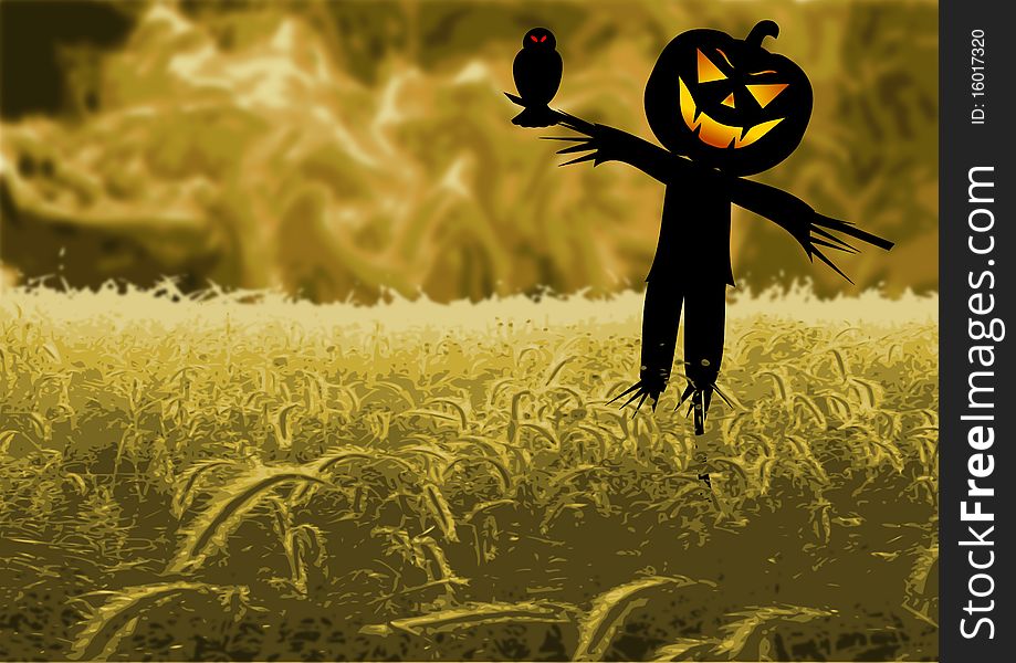 Illustration of a scare crow in a field with violent clouds in the background.