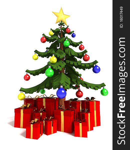 Three dimensional render of a decorated Christmas tree surrounded by gifts. Three dimensional render of a decorated Christmas tree surrounded by gifts