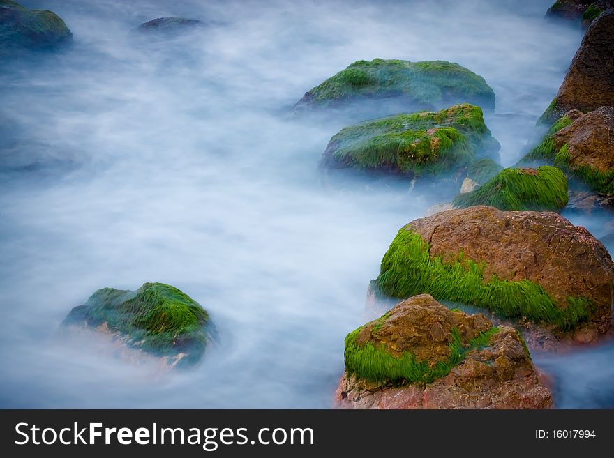 Rock covered in green algae landscape. Rock covered in green algae landscape