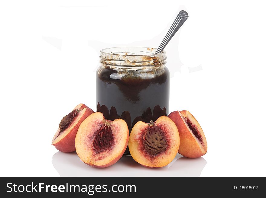 Peach Jam Glass Jar And Some Fresh Fruits