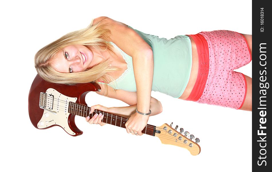 Studio photo of isolated girl holding guitar. Studio photo of isolated girl holding guitar