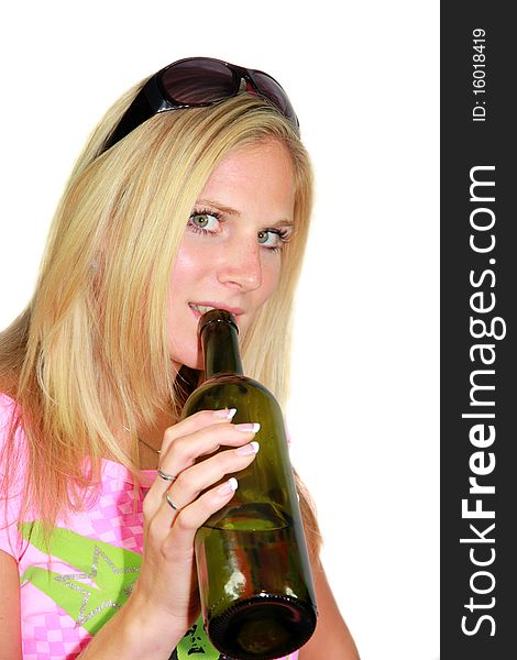 Sexy Blond Girl With Bottle Of Wine