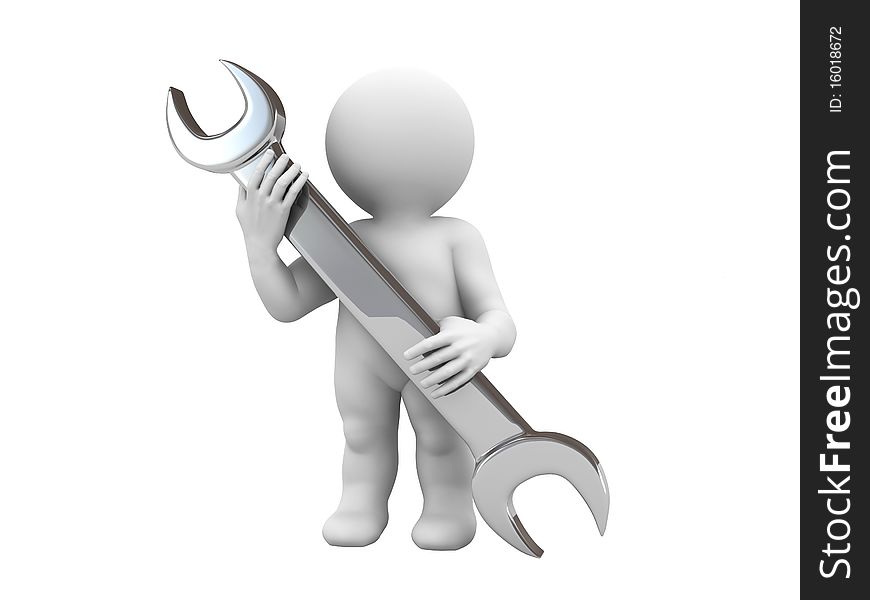 Character is holding metallic wrench. Character is holding metallic wrench