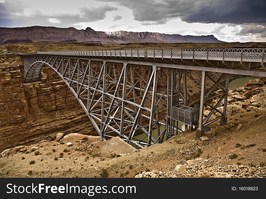Navajo Bridge, spans the Colorado at Marble Canyon. Navajo Bridge, spans the Colorado at Marble Canyon