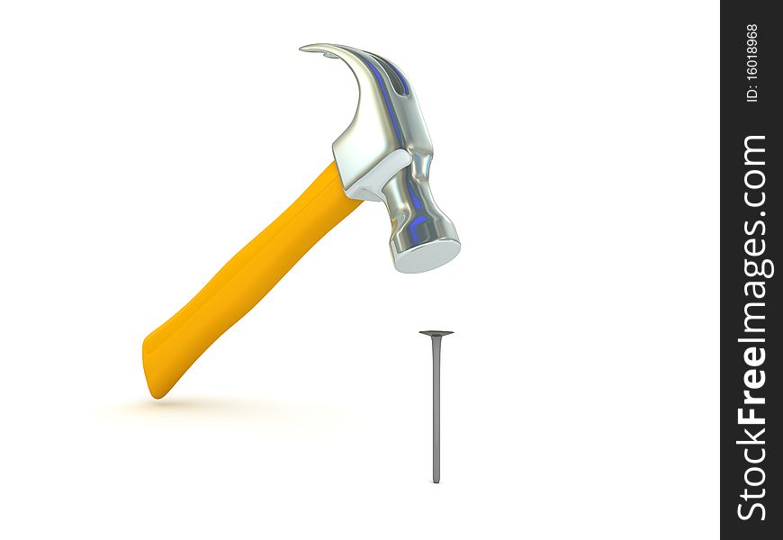 Hammer with orange handle is ramming a nail