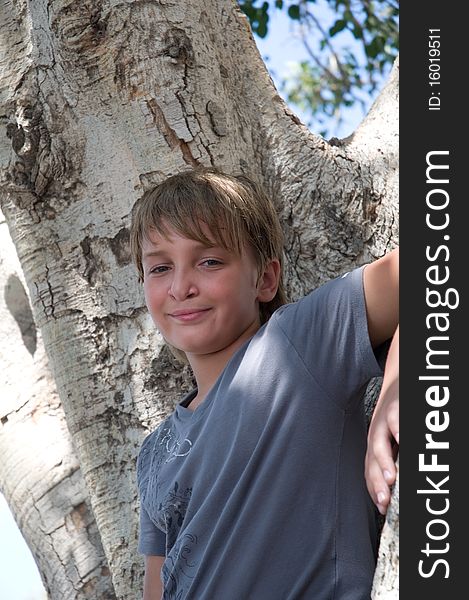 Portrait of a boy on the background of the tree. Portrait of a boy on the background of the tree.