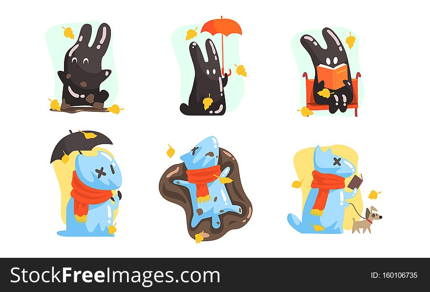 Unusual characters in the form of a dog made of water and a hare of mud in different human situations. Hiding under an umbrella, swimming in a puddle, reading. Vector illustration. Unusual characters in the form of a dog made of water and a hare of mud in different human situations. Hiding under an umbrella, swimming in a puddle, reading. Vector illustration.